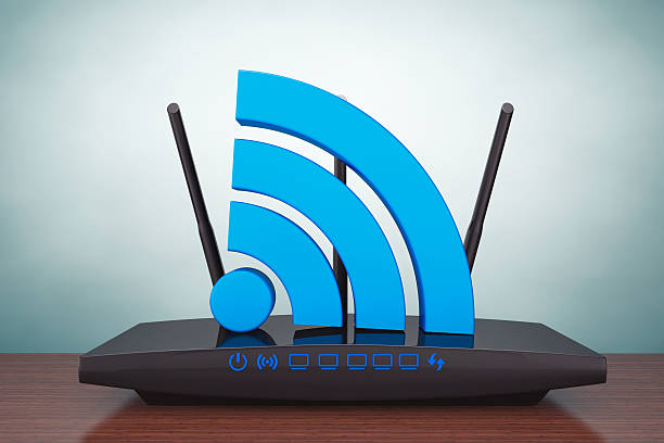 old style photo. 3d modern wifi router on the table